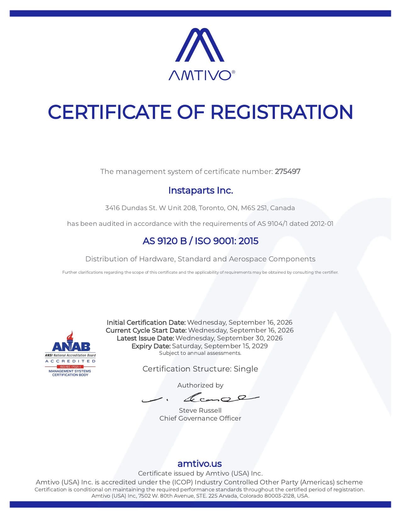 Instaparts Inc. AS9120 Rev B / ISO 9001:2015 certificate of registration no. 275497, issued by Amtivo (USA) Inc.